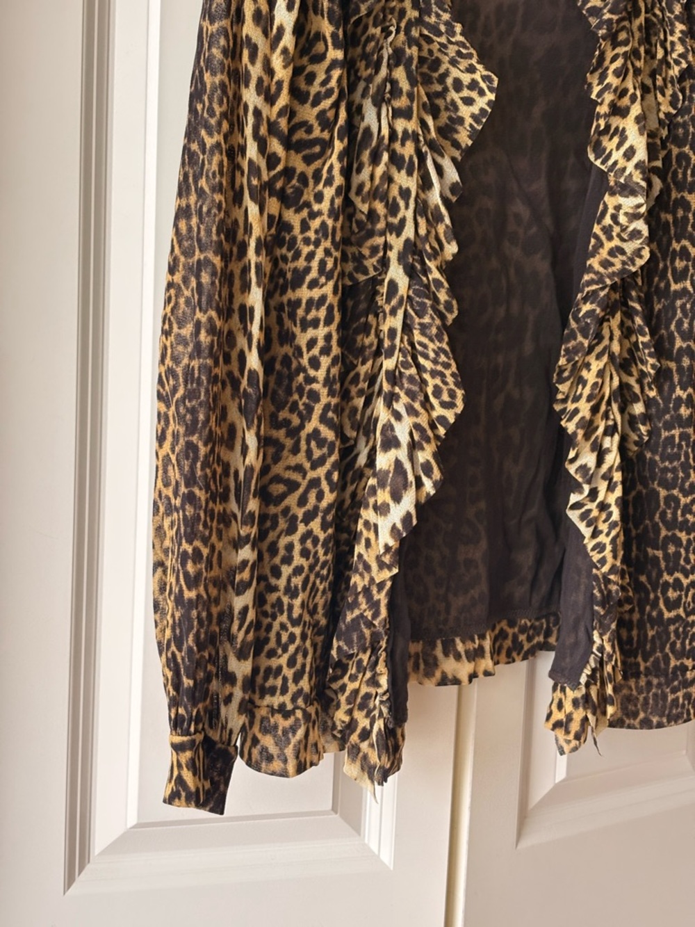 Jean Paul Gaultier Leopard Print Ruffle Open-Front Mesh Top Cardigan - Picture 2 of 12